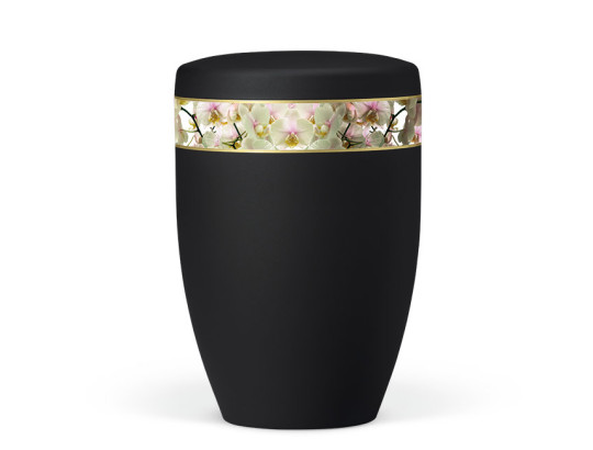 Naturstoffurne, Anthrazit Velours, Dekorband: Orchideen