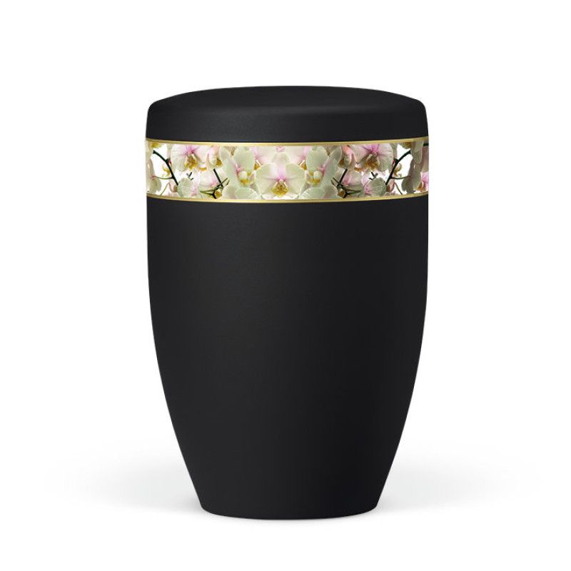 Naturstoffurne in anthrazit Velours mit einem dekorativen Orchideenband, rundliche Form und matte Oberfläche, Gesamtansicht des Produkts.