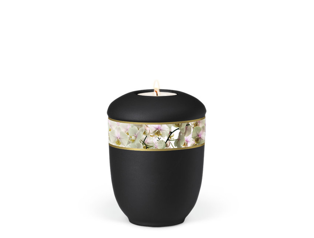 Keramikurne, Anthr.-Vel. Dekorband  Orchideen Gedenkurne mit Teelicht