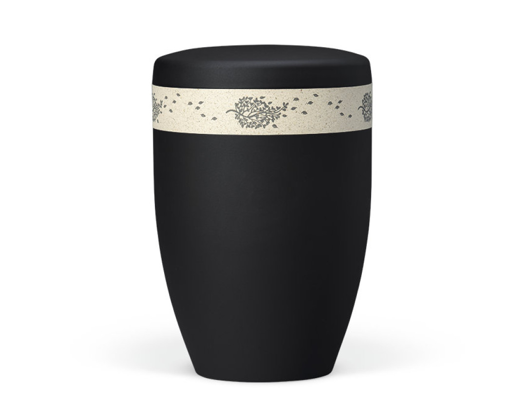 Naturstoffurne, Anthrazit Velours, Dekorband: Graspapier Blätter im Wind