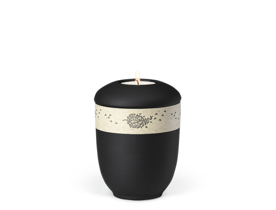 Keramikurne, Anthr.-Vel. Dekorband Graspapier Blätter im Wind, Gedenkurne mit Teelicht