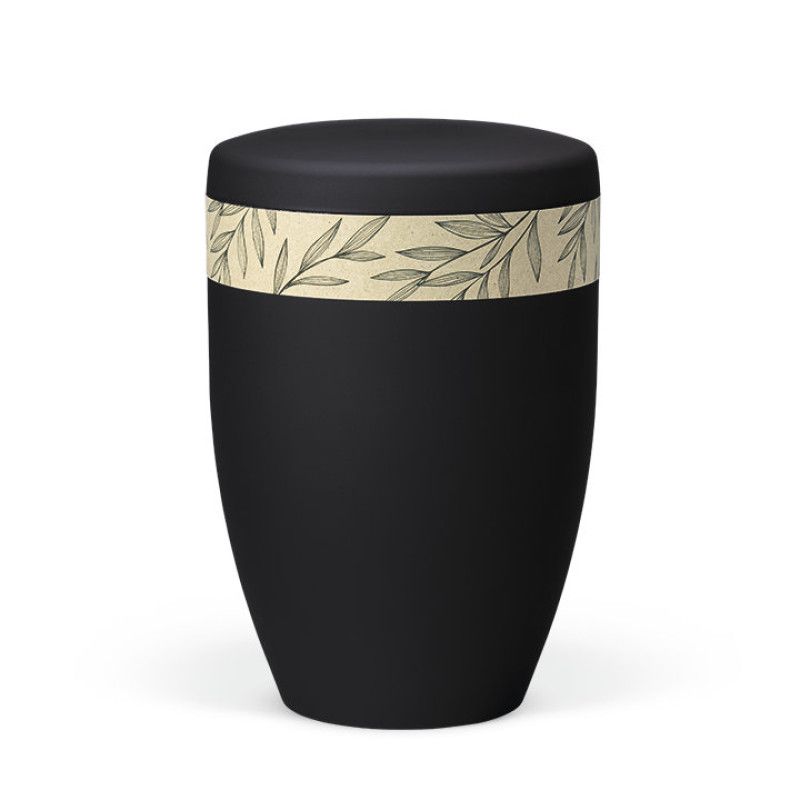 Naturstoffurne in anthrazit Velours mit einem dekorativen Band aus Graspapier, das naturgrüne Gräser zeigt, in einer Gesamtansicht.