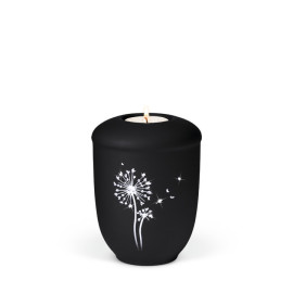 Keramikurne, Anthrazit Velours Pusteblume mit Crystal Elements, Gedenkurne mit Teelicht