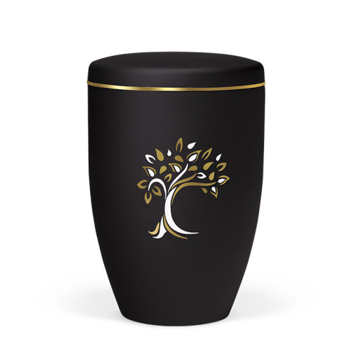 Naturstoffurne in anthrazit Velours mit goldfarbener Bandverzierung und einem verspiegelten Baum-Motiv in Gold und Weiß, Gesamtansicht.