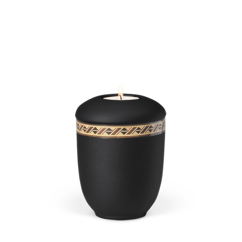 Keramikurne in Anthrazit mit veloursartiger Oberfläche und rautenförmigem Dekor in Gold, inklusive Teelichthalter, Gesamtansicht.