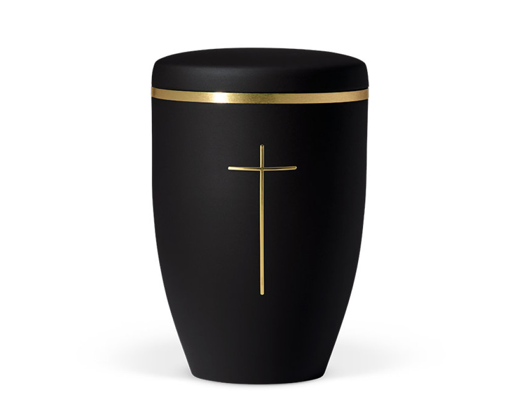 Naturstoffurne, Anthrazit Velours, Stripdome Kreuz, Goldband gebürstet