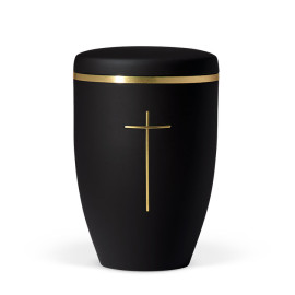 Naturstoffurne, Anthrazit Velours, Stripdome Kreuz, Goldband gebürstet