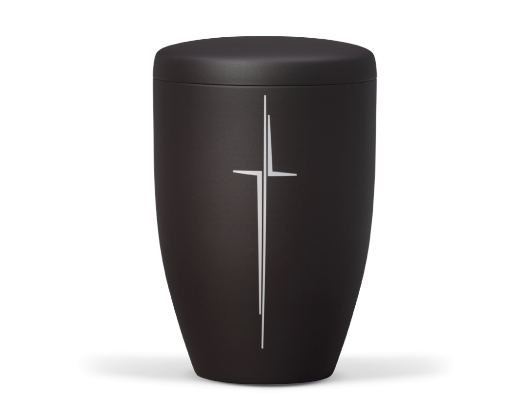 Naturstoffurne, Antrazit Velours, Modernes Kreuz, Matt Silber