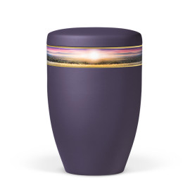 Naturstoffurne, Violett Velours, Dekorband Landschaft