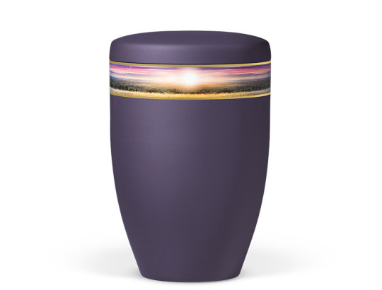 Naturstoffurne, Violett Velours, Dekorband Landschaft