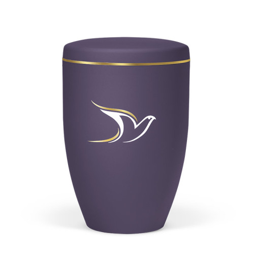 Die violette Naturstoffurne aus Velours hat eine taubenartige goldene und weiße Dekoration sowie ein goldfarbenes Band am oberen Rand und zeigt eine Gesamtansicht.