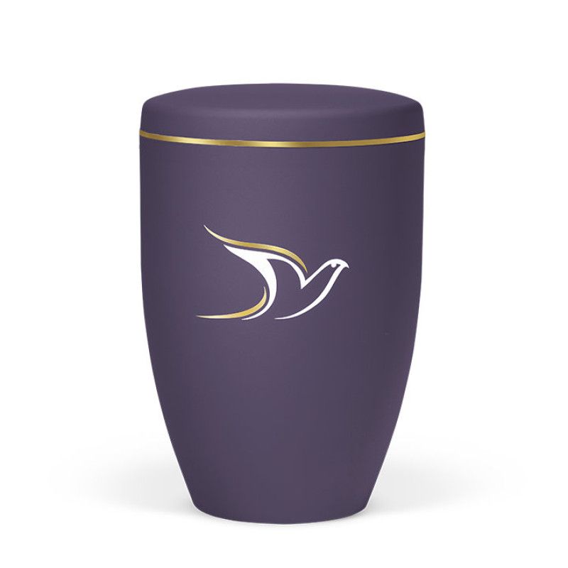Die violette Naturstoffurne aus Velours hat eine taubenartige goldene und weiße Dekoration sowie ein goldfarbenes Band am oberen Rand und zeigt eine Gesamtansicht.