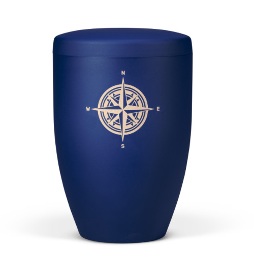 Naturstoffurne, Saphirblau Velours, Lasergravur Motiv: Kompassrose