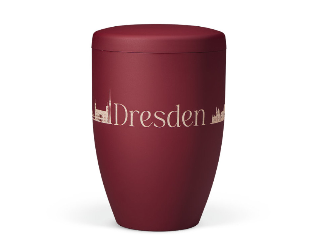 Naturstoffurne, Weinrot Velours, Lasergravur Stadt Dresden