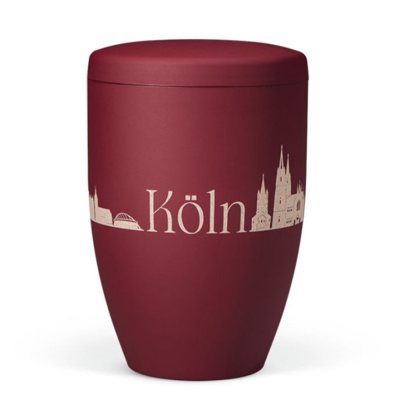 Naturstoffurne, Weinrot Velours, Lasergravur Stadt Köln