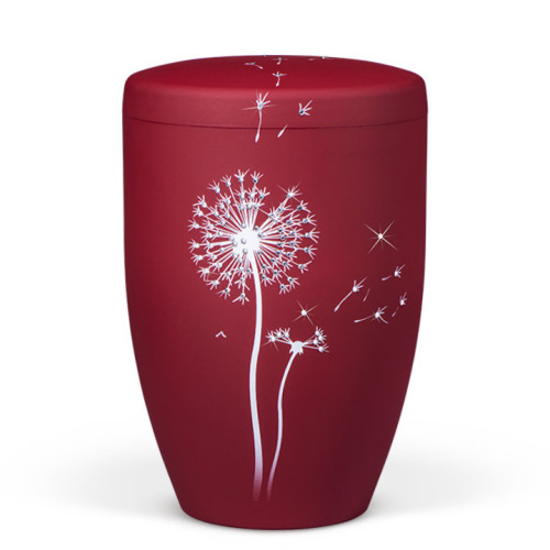 Die naturstoffurne ist weinrot, hat eine glatte Velours-Oberfläche und zeigt eine weiße Pusteblume mit Crystal Elements in einer Gesamtansicht.