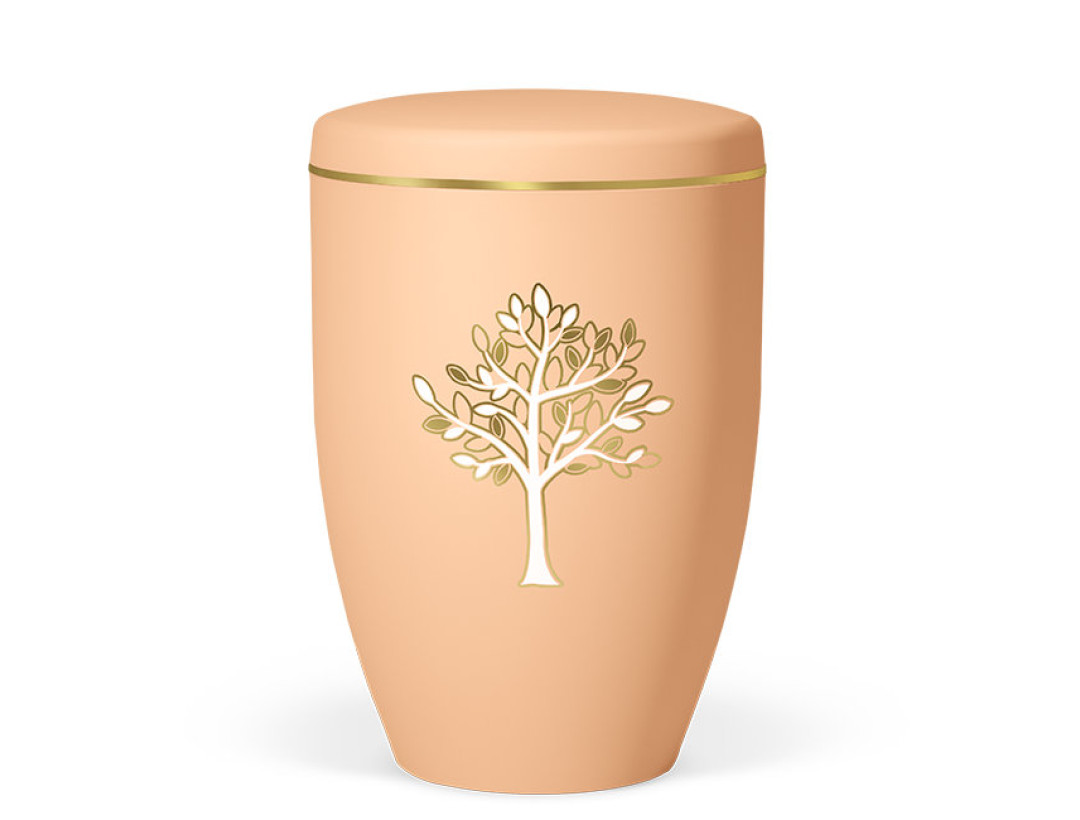 Naturstoffurne, Ockerorange, Baum Gold/Weiß, versp., Goldband