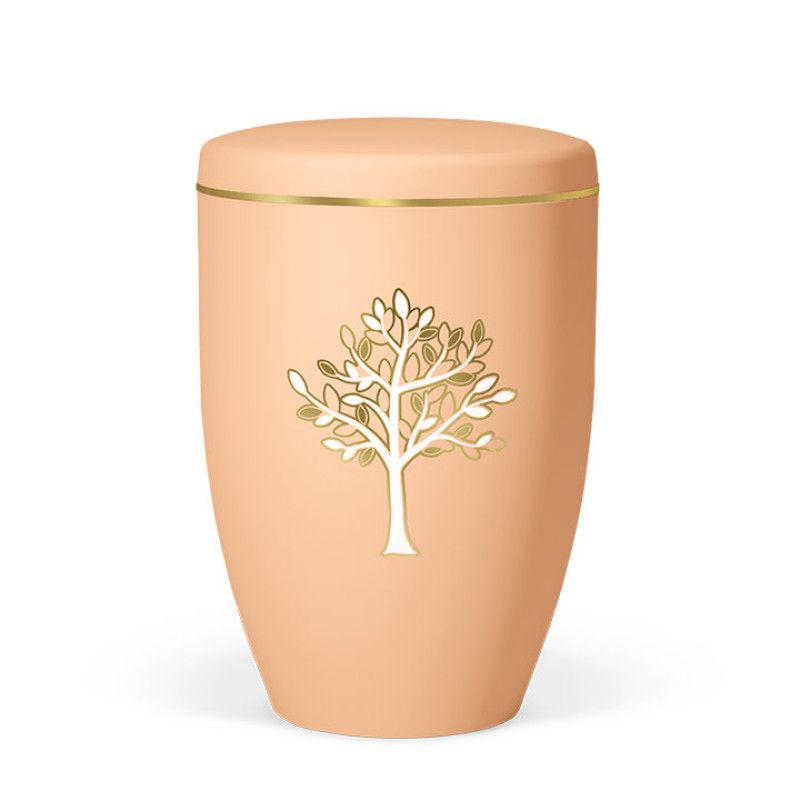Naturstoffurne in ockerorange mit goldener Baum-Motiv und goldfarbenem Deckel, in ovaler Form mit verspieltem Design.