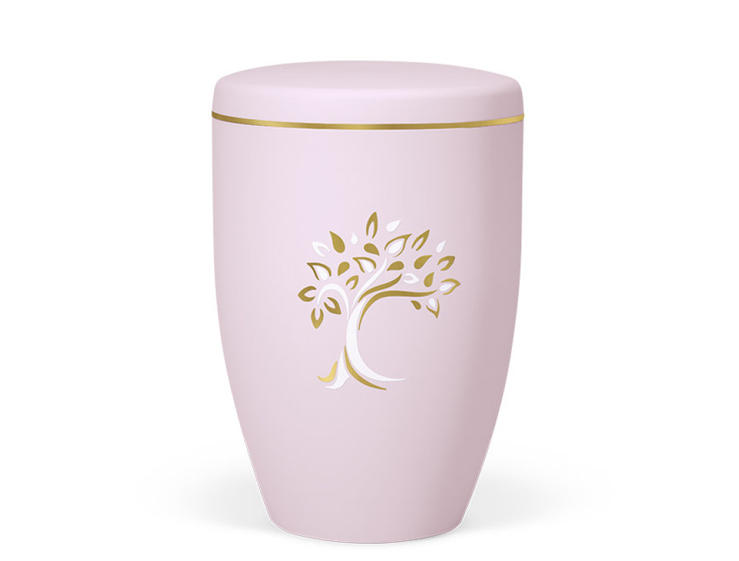 Naturstoffurne, Hellrosa, Baum ArtDecor Gold/Weiß versp. Goldband