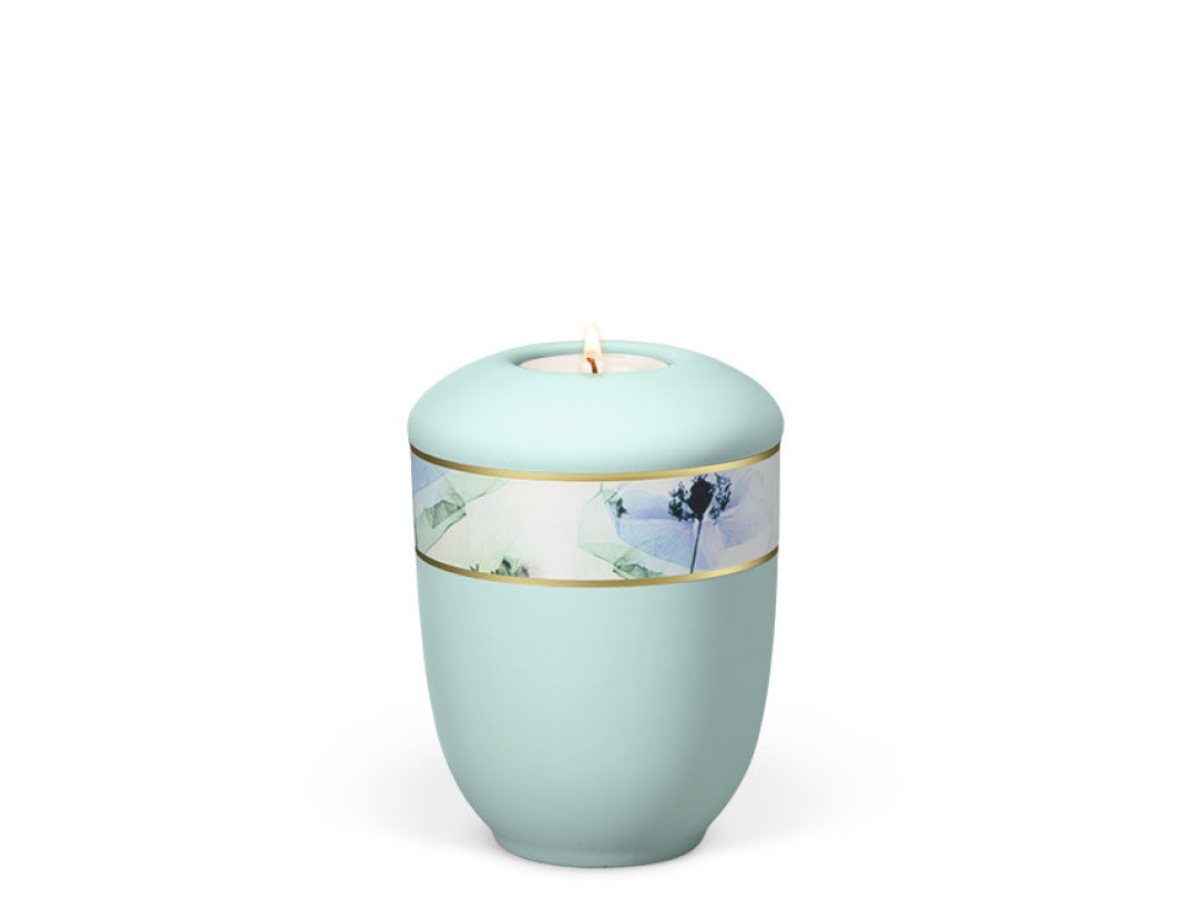 Keramik, Mintgrün Dekorband: Floral farblich Gedenkurne mit Teelicht