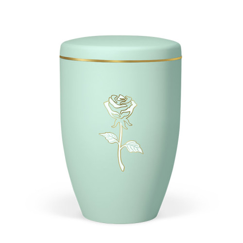 Naturstoffurne in mintgrün mit einer goldenen Rose und einem goldenen Band am oberen Rand, in leicht konischer Form und Gesamtansicht.
