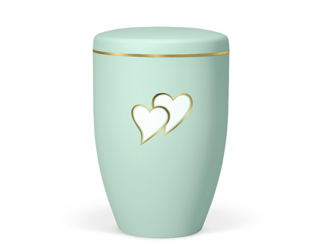 Naturstoffurne, Mintgrün, Herzen, Gold/Weiß versp. Goldband