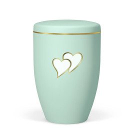 Naturstoffurne, Mintgrün, Herzen, Gold/Weiß versp. Goldband