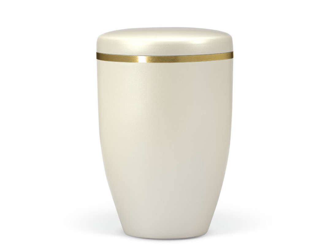 Naturstoffurne, Cremeweiß Perlmutt, Goldband gebürstet