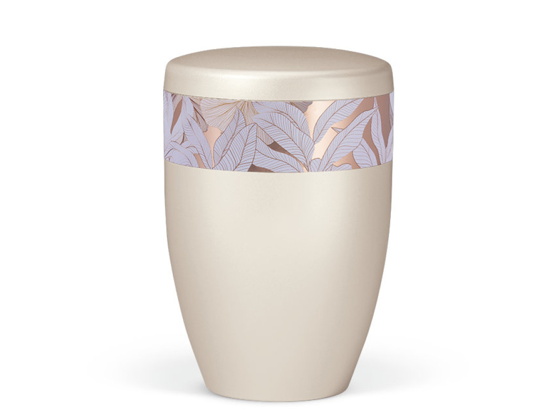 Naturstoffurne, Cremeweiß Perlmutt, Dekorband Rosé Gold Blätter