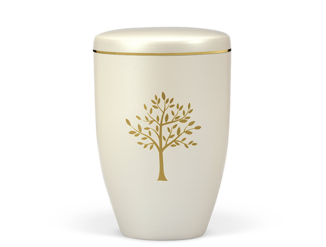 Naturstoffurne, Cremeweiß Perlmutt, Moderner Baum, Goldband