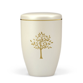 Naturstoffurne, Cremeweiß Perlmutt, Moderner Baum, Goldband