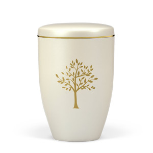 Naturstoffurne, Cremeweiß Perlmutt, Moderner Baum, Goldband