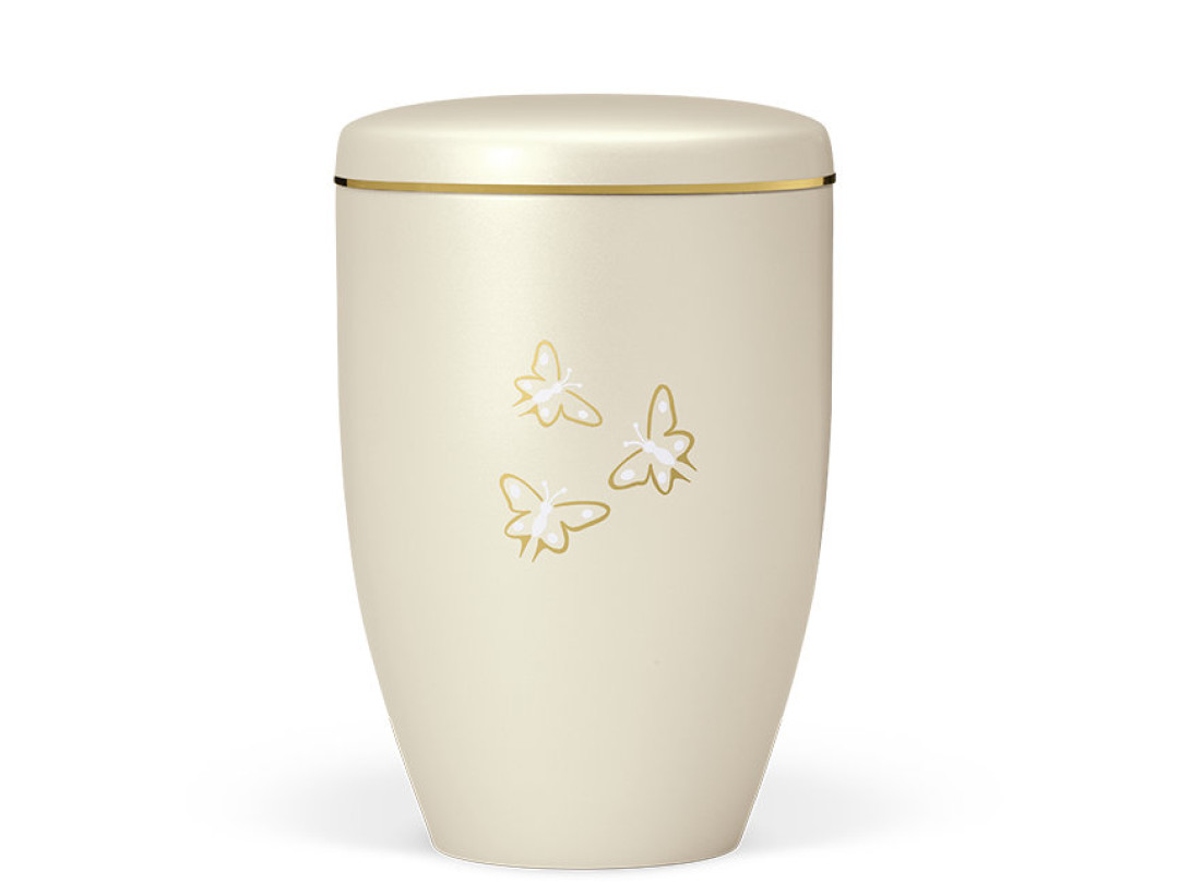 Naturstoffurne, Cremeweiß Perlmutt, Schmetterlinge, Goldband