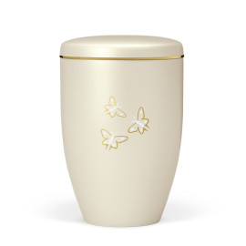 Naturstoffurne, Cremeweiß Perlmutt, Schmetterlinge, Goldband