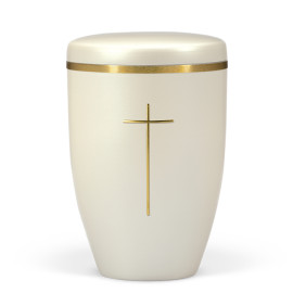 Naturstoffurne, Cremeweiß Perlmutt, Stripdome Kreuz, Goldband gebürstet