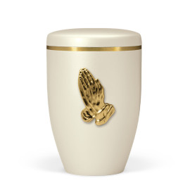 Naturstoffurne, Cremeweiß Perlmutt, Betende Hände poliert, Goldband gebürstet