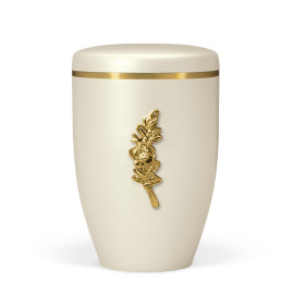 Naturstoffurne, Cremeweiß Perlmutt, Rosenbund poliert, Goldband gebürstet