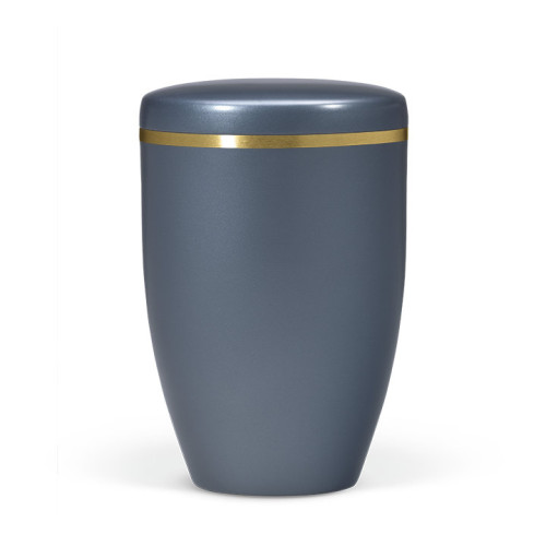 Naturstoffurne in blauer Perlmutt-Optik mit gebürstetem Goldband, zylindrische Form, Gesamtansicht.