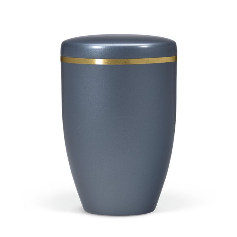 Naturstoffurne in blauer Perlmutt-Optik mit gebürstetem Goldband, zylindrische Form, Gesamtansicht.