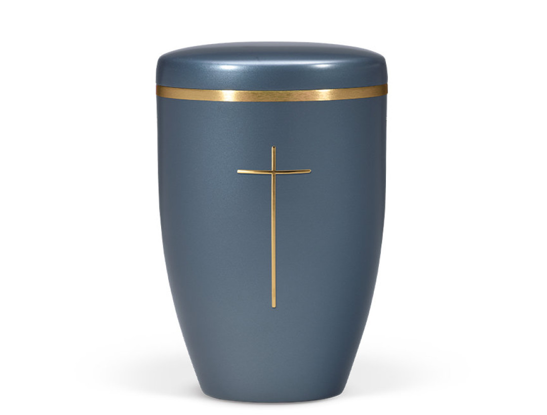 Naturstoffurne, Blau Perlmutt, Stripdome Kreuz Gold, Goldband gebürstet