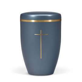 Naturstoffurne, Blau Perlmutt, Stripdome Kreuz Gold, Goldband gebürstet