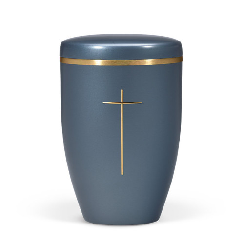 Naturstoffurne in Blau Perlmutt mit einer goldenen, gebürsteten Streifen und einem goldenen Kreuz, in einer Gesamtansicht.