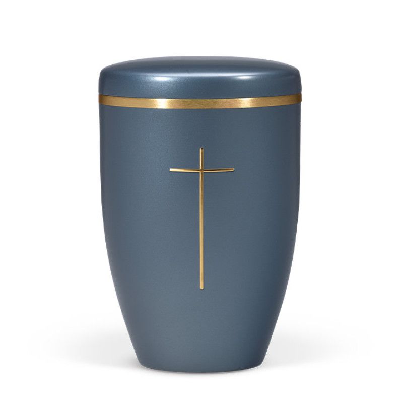 Naturstoffurne in Blau Perlmutt mit einer goldenen, gebürsteten Streifen und einem goldenen Kreuz, in einer Gesamtansicht.