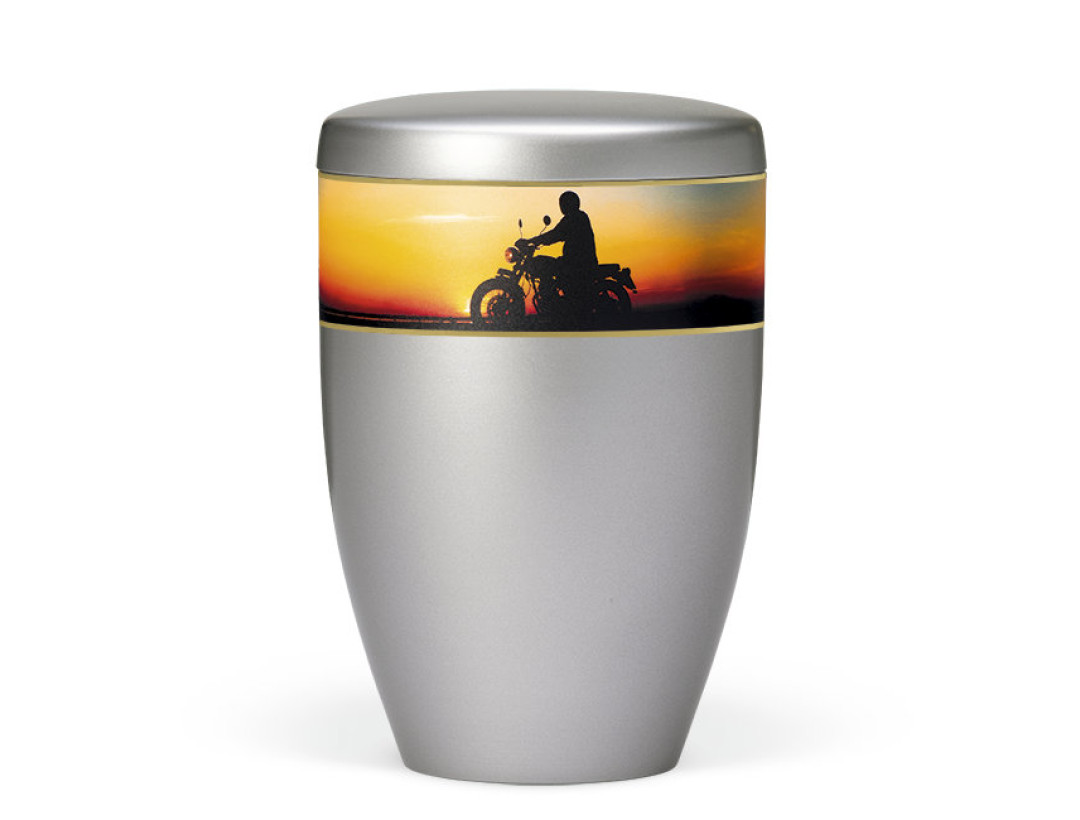 Naturstoffurne, Stahlgrau, Dekorband: Motorrad im Sonnenuntergang
