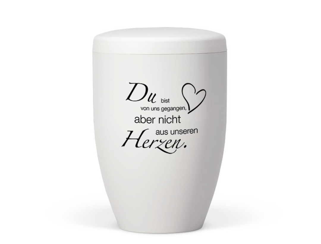 Naturstoffurne, Weiß-Matt Trauertext 2, + Herz, schwarz