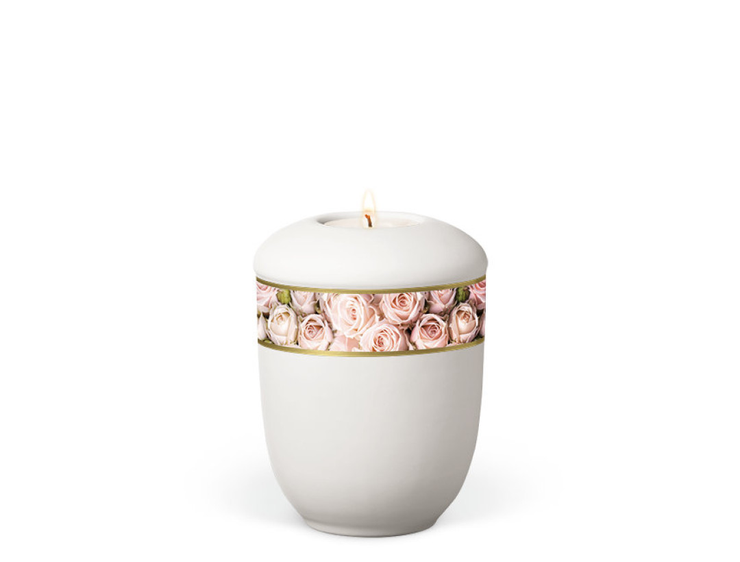 Keramikurne, Weiß-Matt Dekorband Rosenblätter-Rosa Gedenkurne mit Teelicht