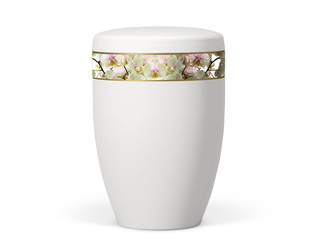 Naturstoffurne, Weiß-Matt Dekorband: Orchideen