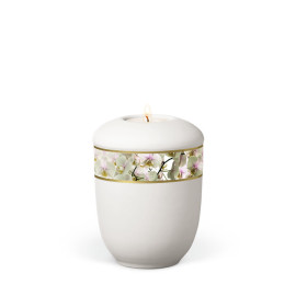 Keramikurne, Weiß-Matt Dekorband  Orchideen Gedenkurne mit Teelicht