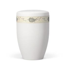 Naturstoffurne, Weiß-Matt Dekorband Graspapier Blätter im Wind