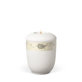 Keramikurne, Weiß-Matt Dekorband Graspapier Blätter im Wind, Gedenkurne mit Teelicht